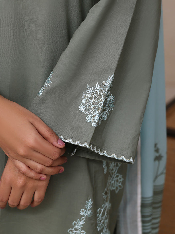 Oaks - Cambric Embroidered Pret Suit For Women - Dark Grey - 3 Piece