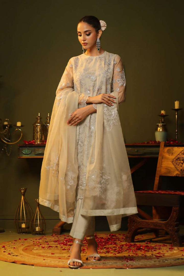 Oaks - Embroidered Pret Suit Organza Grey  - 3 Piece