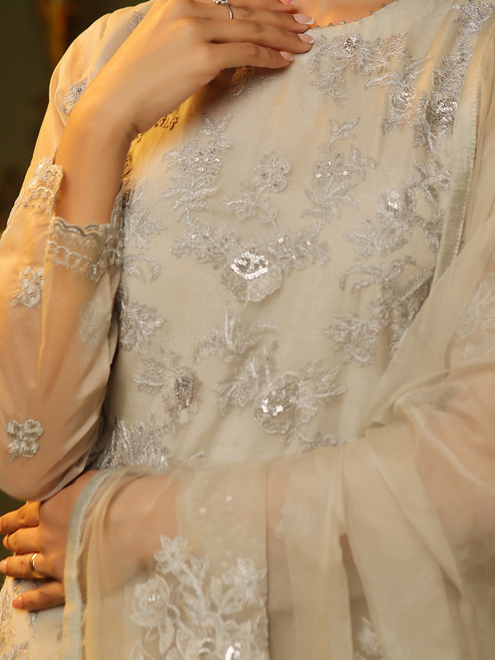 Oaks - Embroidered Pret Suit Organza Grey  - 3 Piece