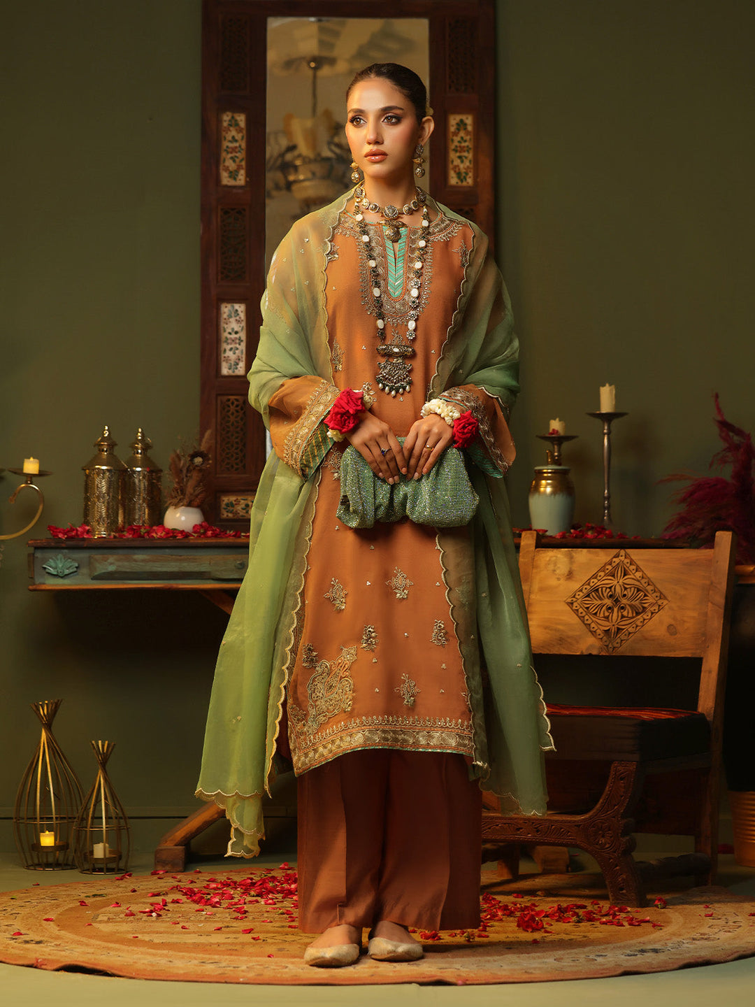 Oaks - Embroidered Pret Suit Organza Orange  - 3 Piece