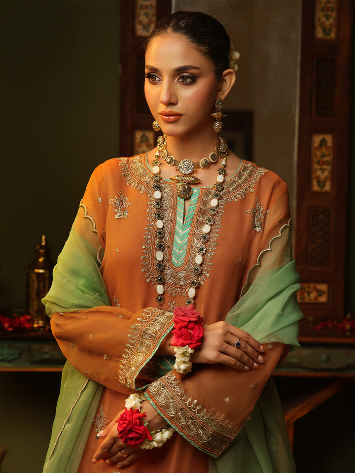 Oaks - Embroidered Pret Suit Organza Orange  - 3 Piece