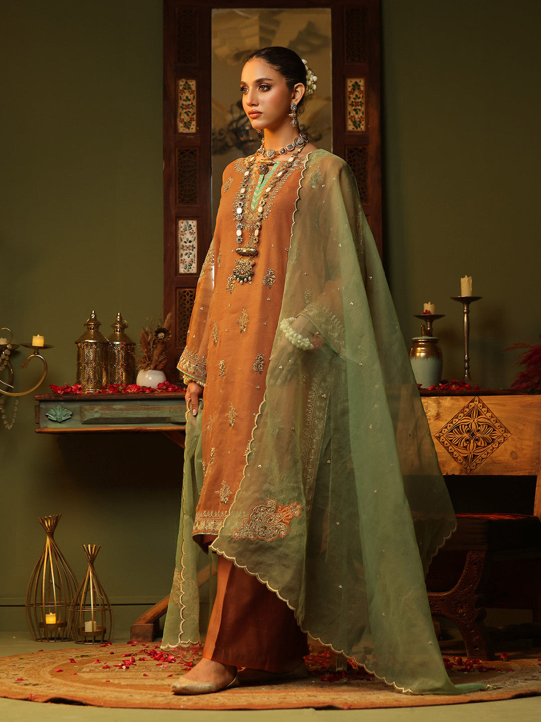 Oaks - Embroidered Pret Suit Organza Orange  - 3 Piece