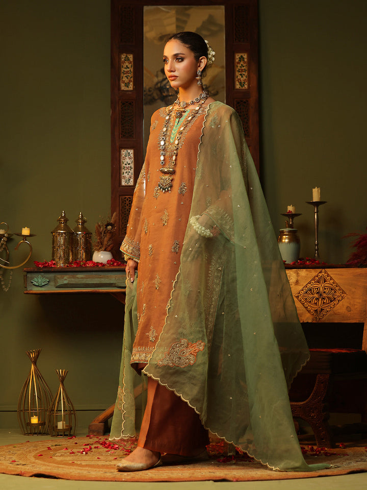 Oaks - Embroidered Pret Suit Organza Orange  - 3 Piece