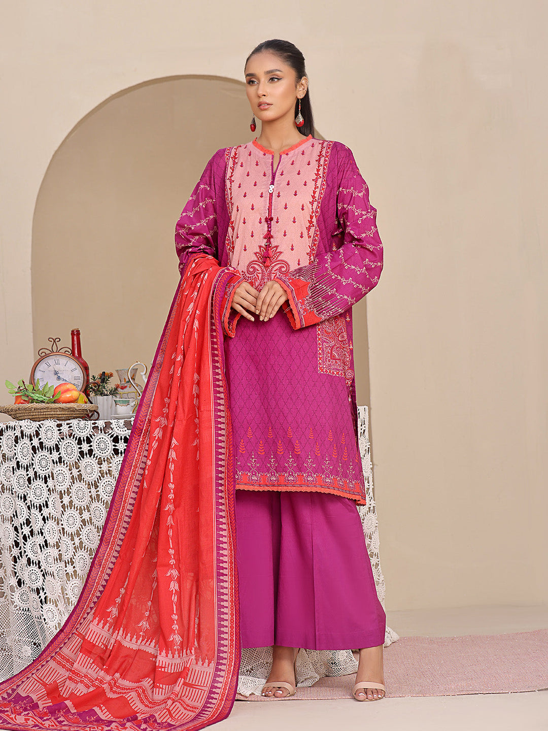 Oaks - Printed Pret Shirt Dupatta Lawn Magenta  - 2 Piece