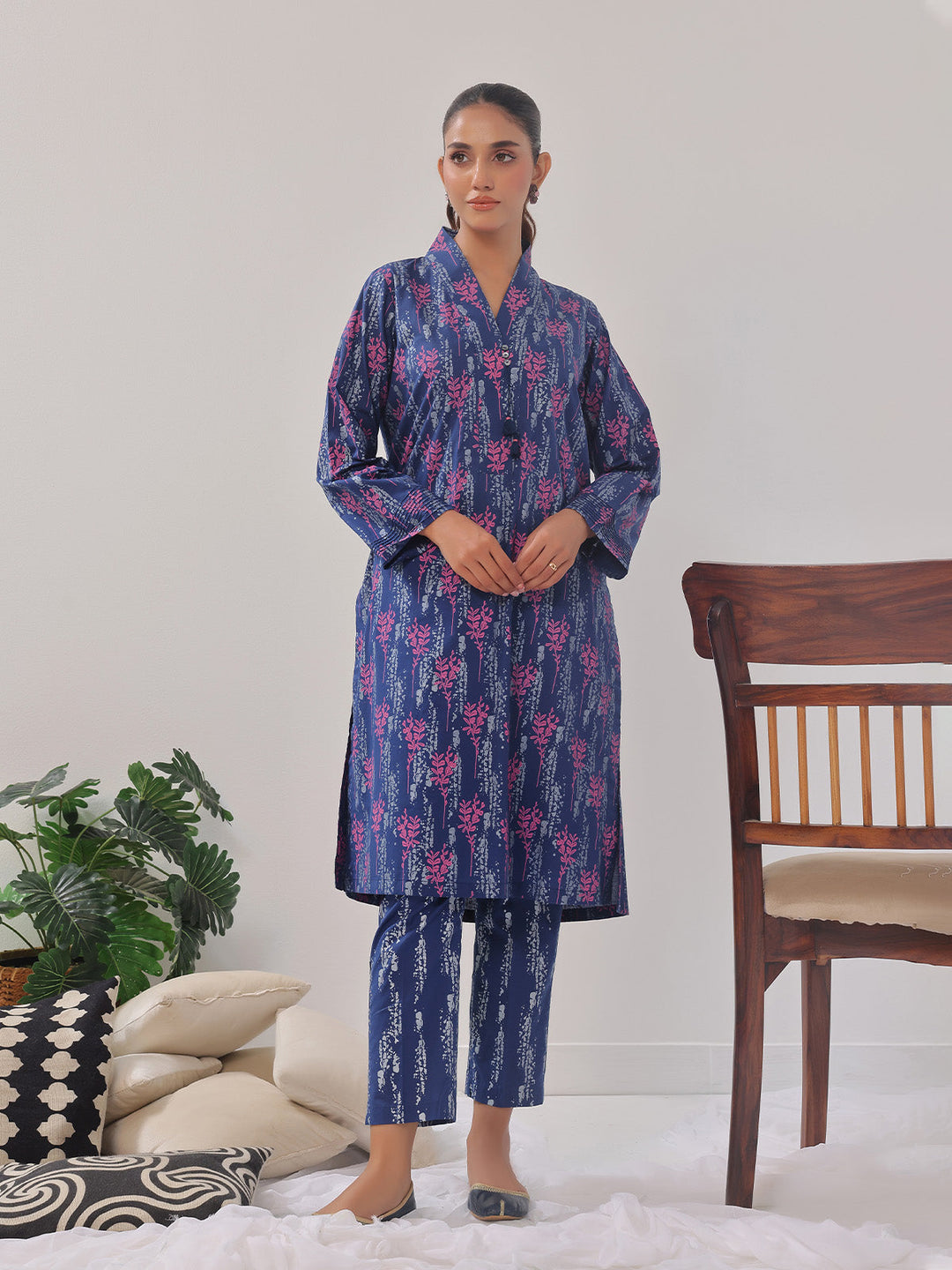 Oaks - 2 Piece Printed Pret Shirt Trouser Cambric Navy Blue - OW2P-2408016
