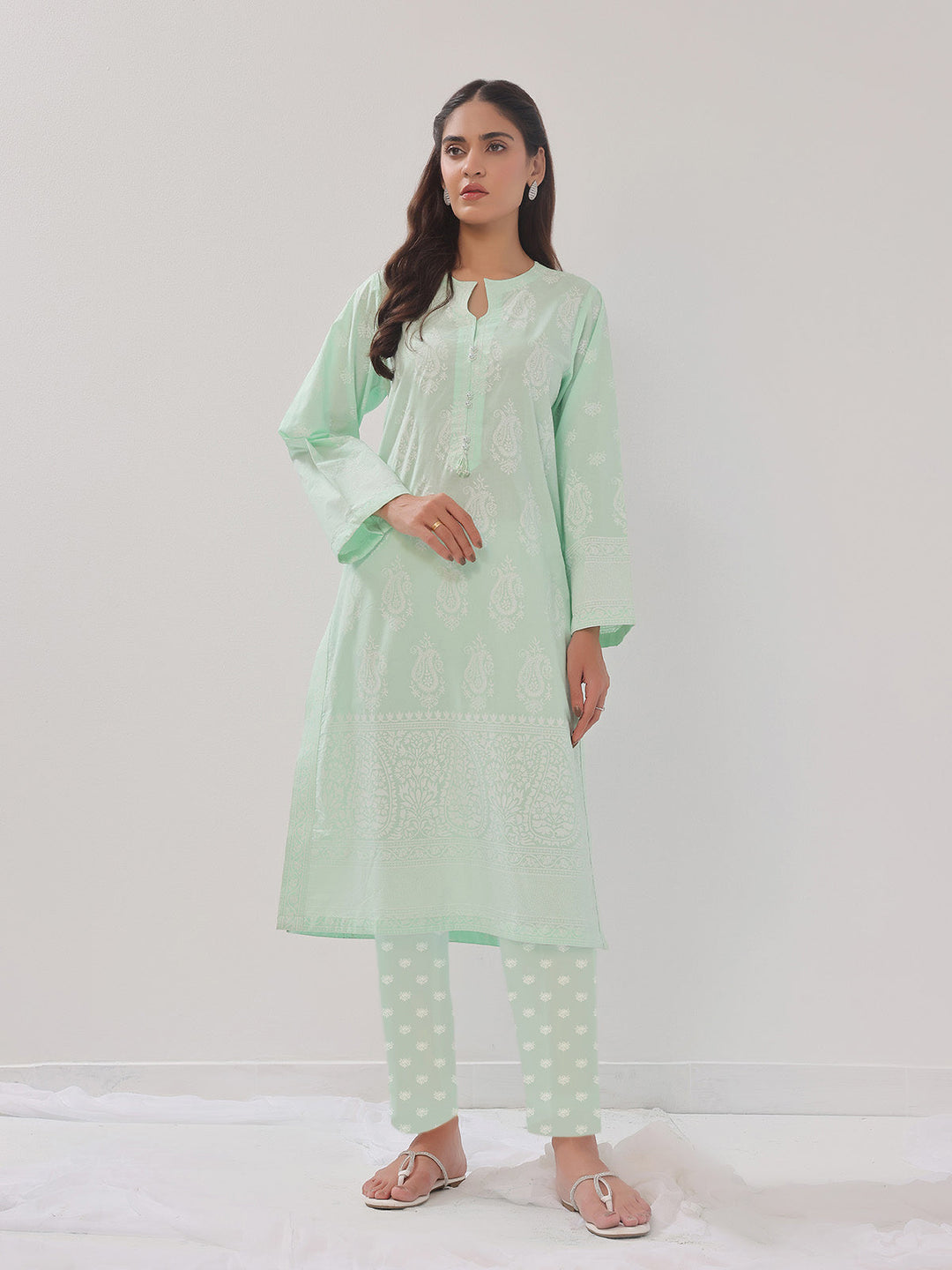 Oaks - 2 Piece Printed Pret Shirt Trouser Cambric Light Green - OW2P-2408018