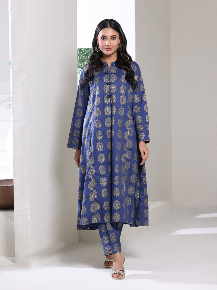 Oaks - Screen Print Cambric Suit For Women - blue Gold - 2 Piece