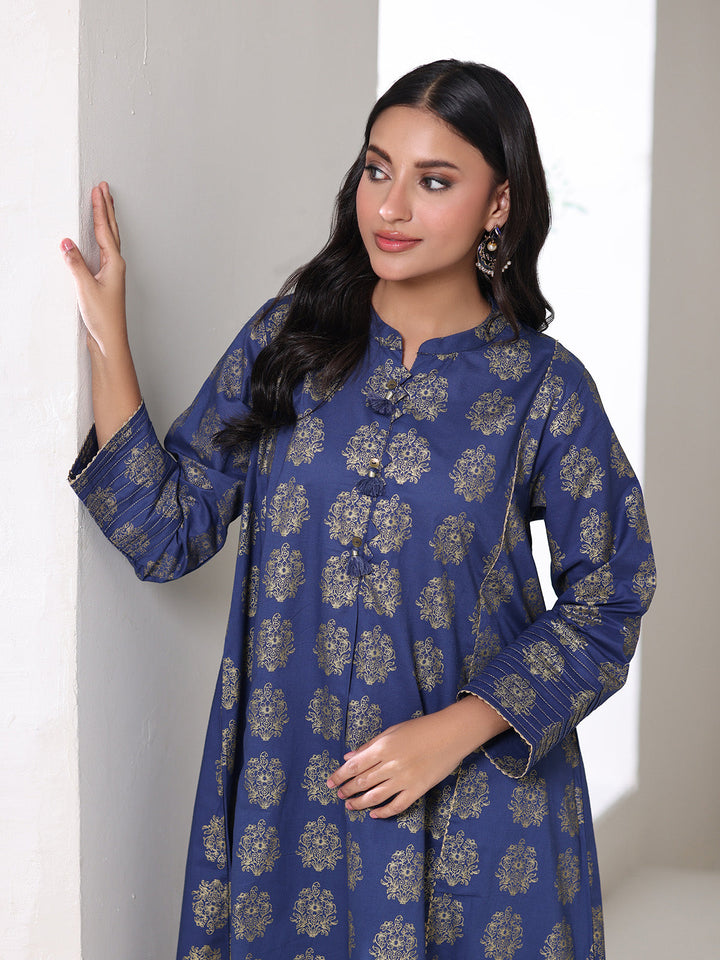 Oaks - Screen Print Cambric Suit For Women - blue Gold - 2 Piece