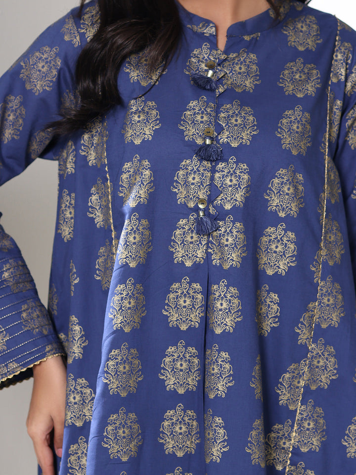 Oaks - Screen Print Cambric Suit For Women - blue Gold - 2 Piece