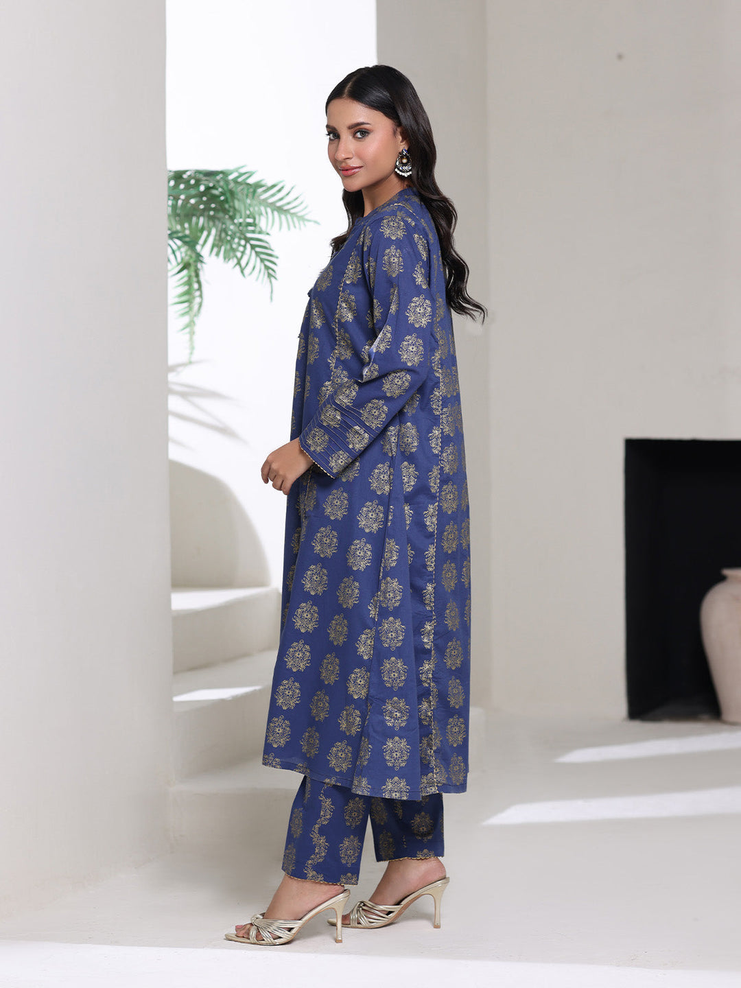 Oaks - Screen Print Cambric Suit For Women - blue Gold - 2 Piece