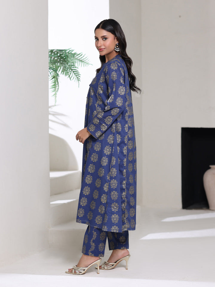 Oaks - Screen Print Cambric Suit For Women - blue Gold - 2 Piece