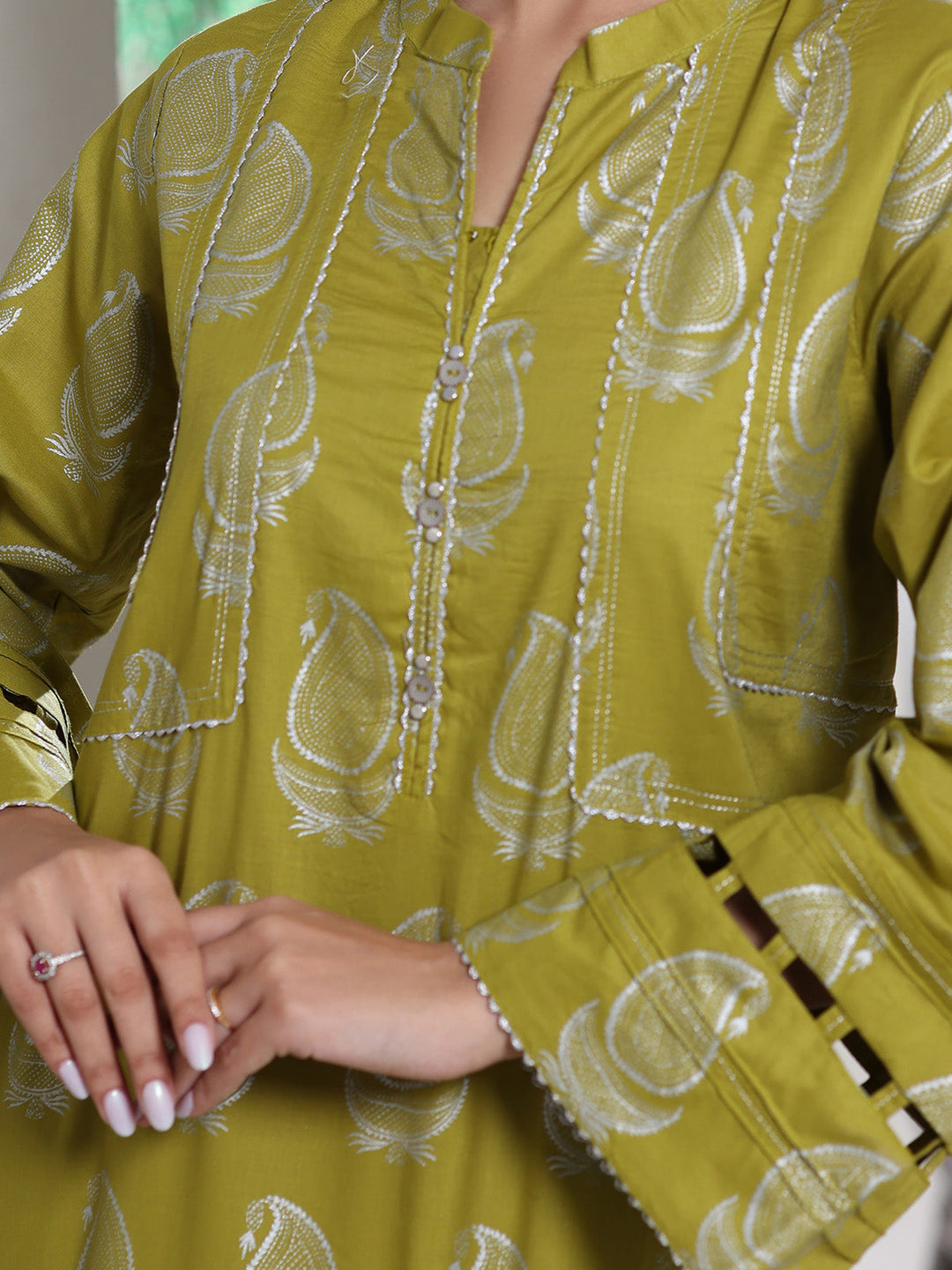 Oaks - Screen Print Cambric Suit For Women - Green&Silver - 2 Piece