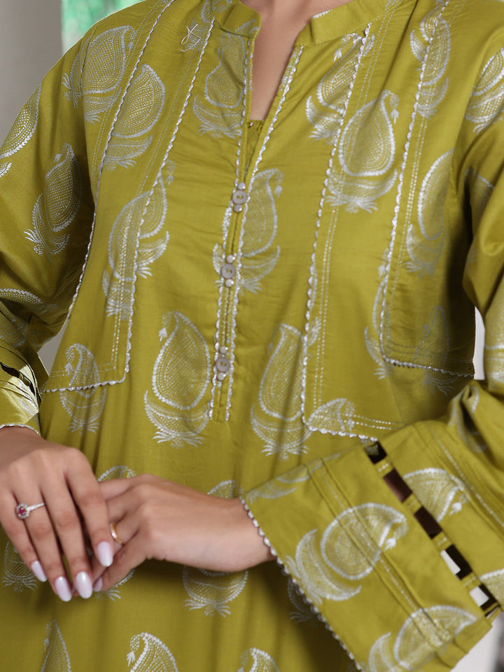 Oaks - Screen Print Cambric Suit For Women - Green&Silver - 2 Piece