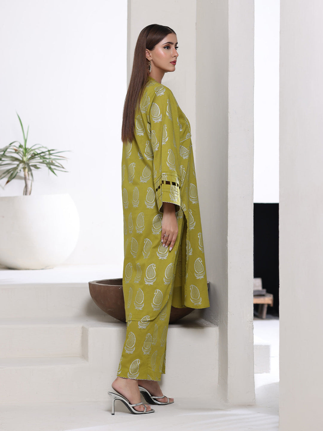 Oaks - Screen Print Cambric Suit For Women - Green&Silver - 2 Piece