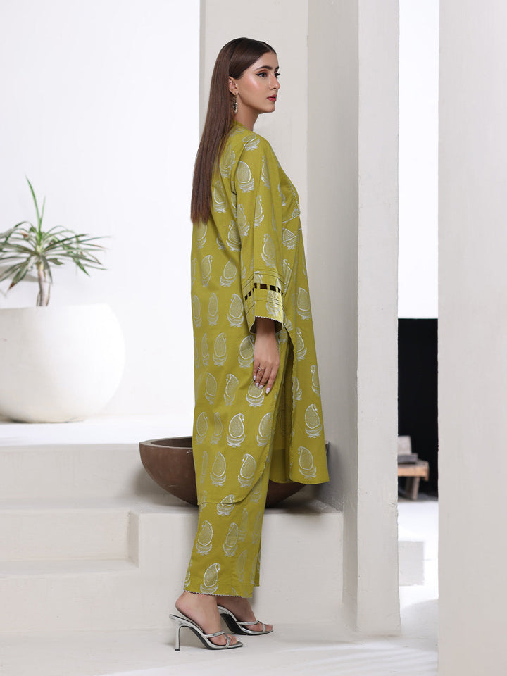 Oaks - Screen Print Cambric Suit For Women - Green&Silver - 2 Piece