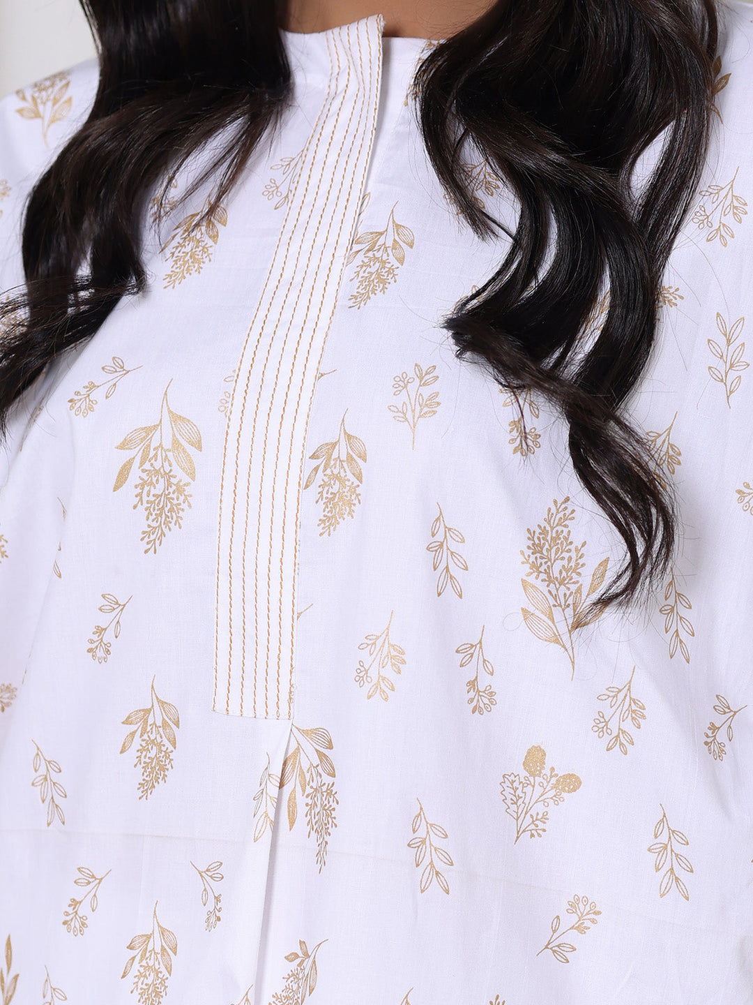 Oaks - Screen Print Cambric Suit For Women - White - 2 Piece