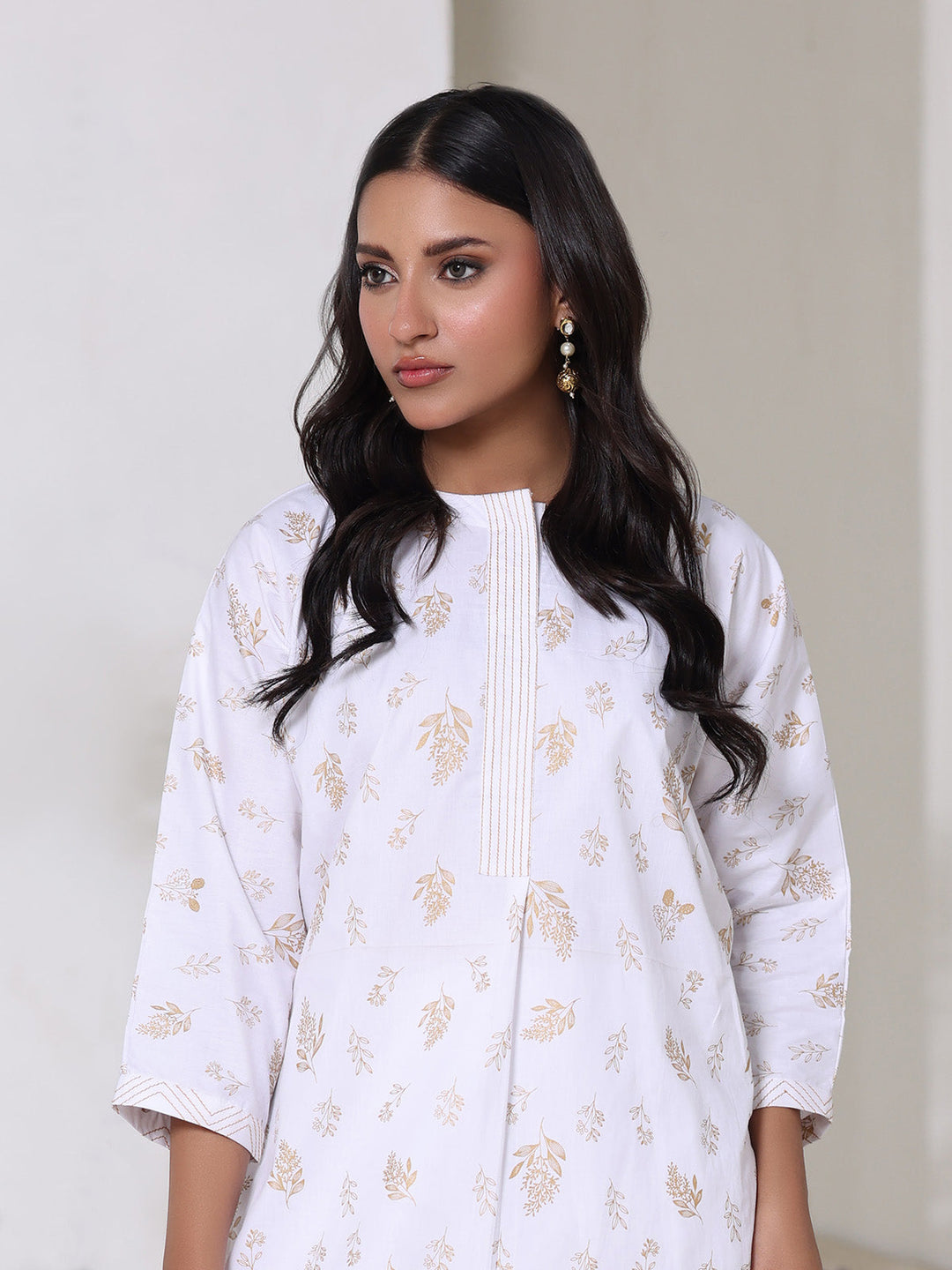 Oaks - Screen Print Cambric Suit For Women - White - 2 Piece