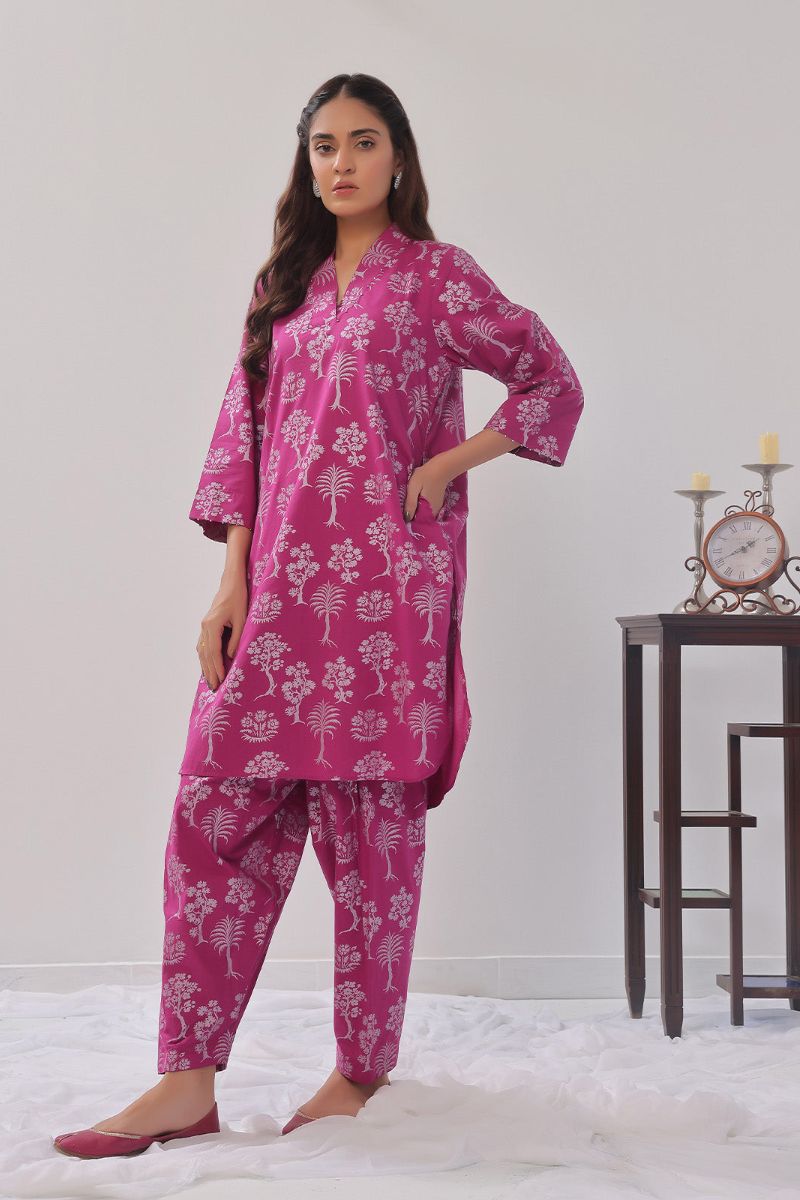 Oaks - 2 Piece Printed Pret Shirt Trouser Cambric Magenta - OW2P-2408014