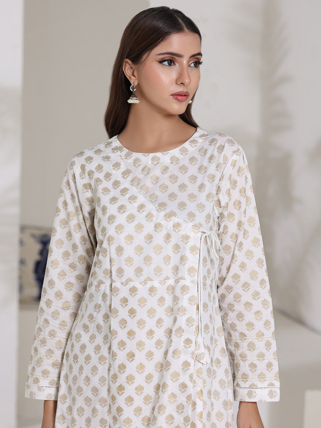 Oaks - Screen Print Cambric Suit For Women - Off White - 2 Piece