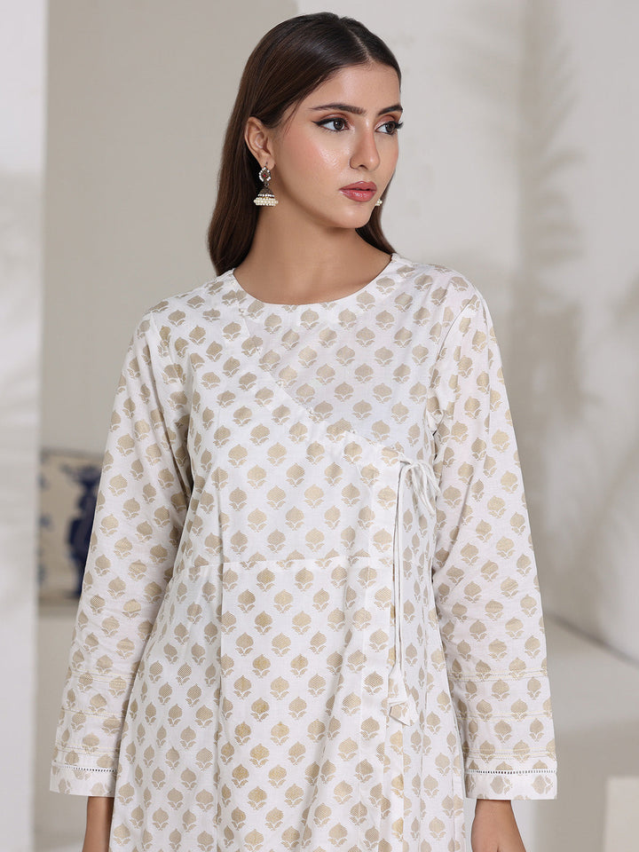 Oaks - Screen Print Cambric Suit For Women - Off White - 2 Piece