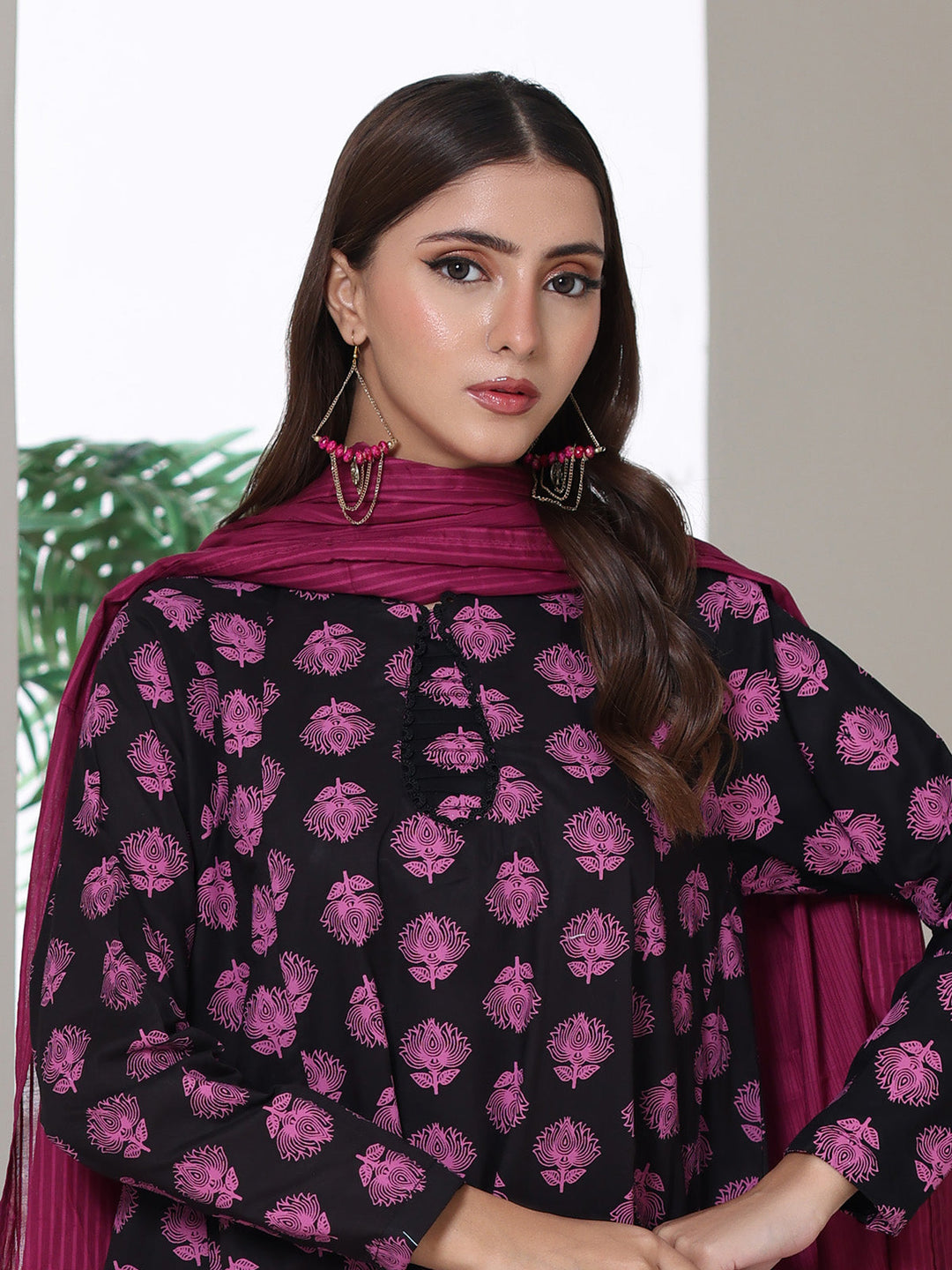 Oaks - Screen Print Cambric Suit For Women - Black&Magenta - 3 Piece