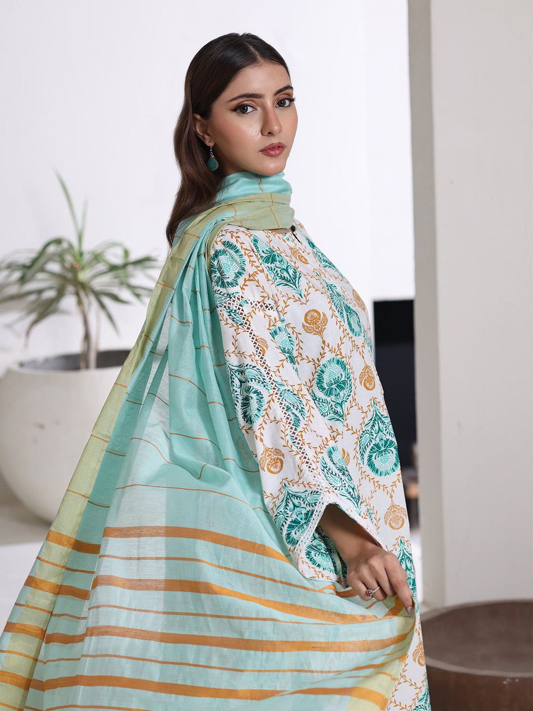 Oaks - Screen Print Cambric Suit For Women - White&Ferozi - 3 Piece