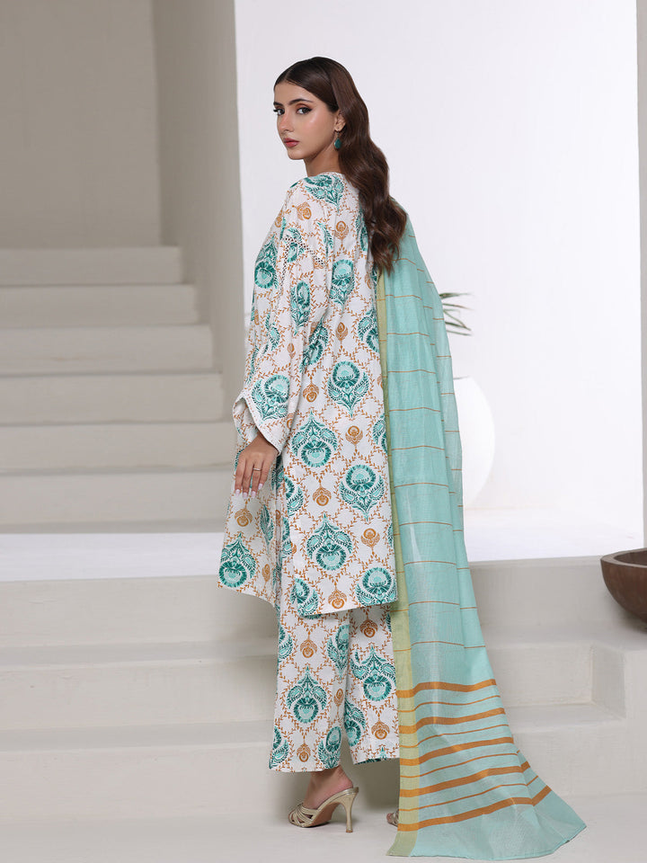 Oaks - Screen Print Cambric Suit For Women - White&Ferozi - 3 Piece