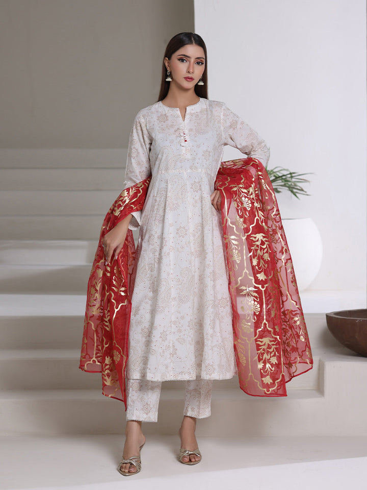 Oaks - Screen Print Cambric Suit For Women - White&Red - 3 Piece