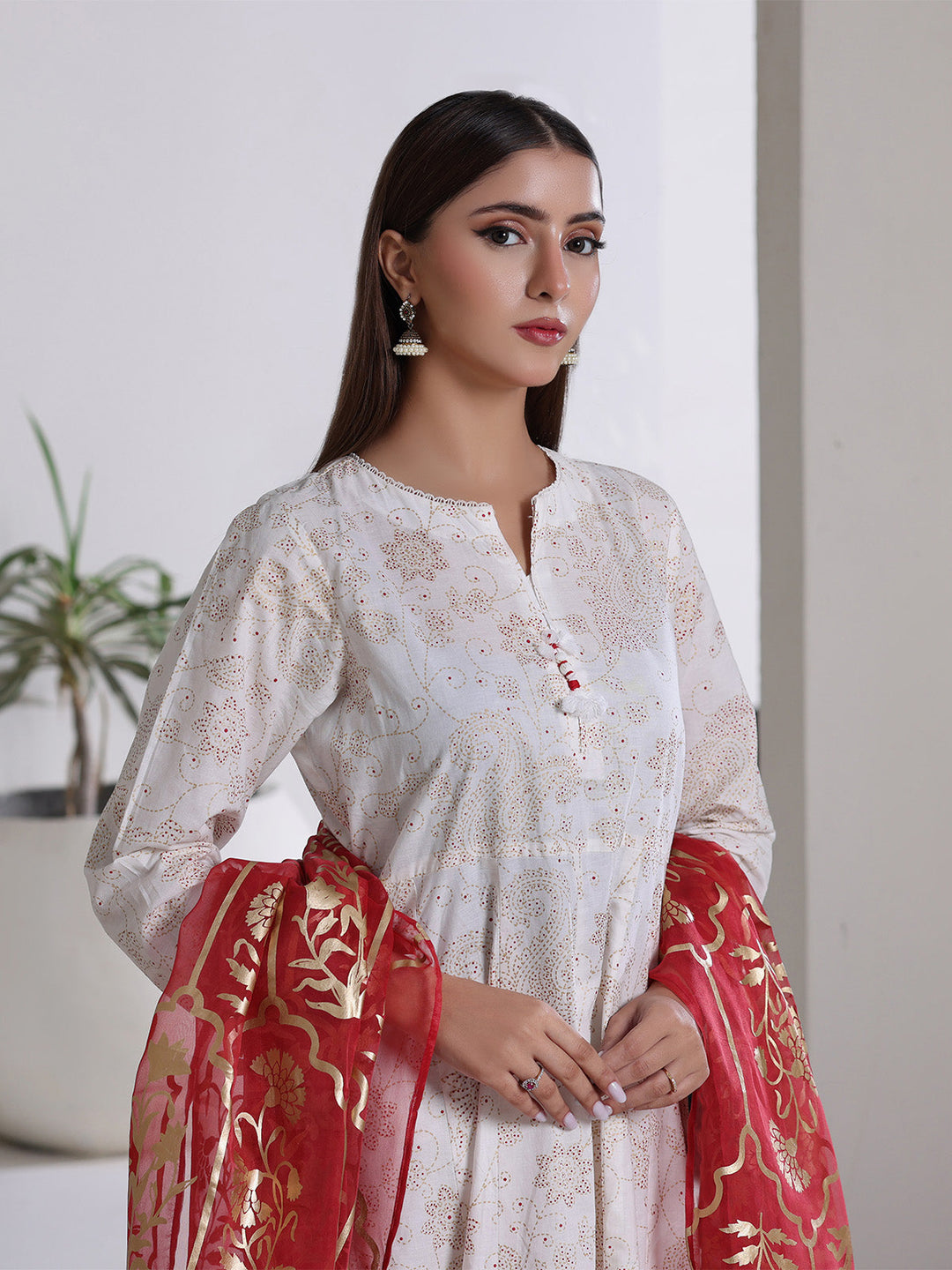 Oaks - Screen Print Cambric Suit For Women - White&Red - 3 Piece