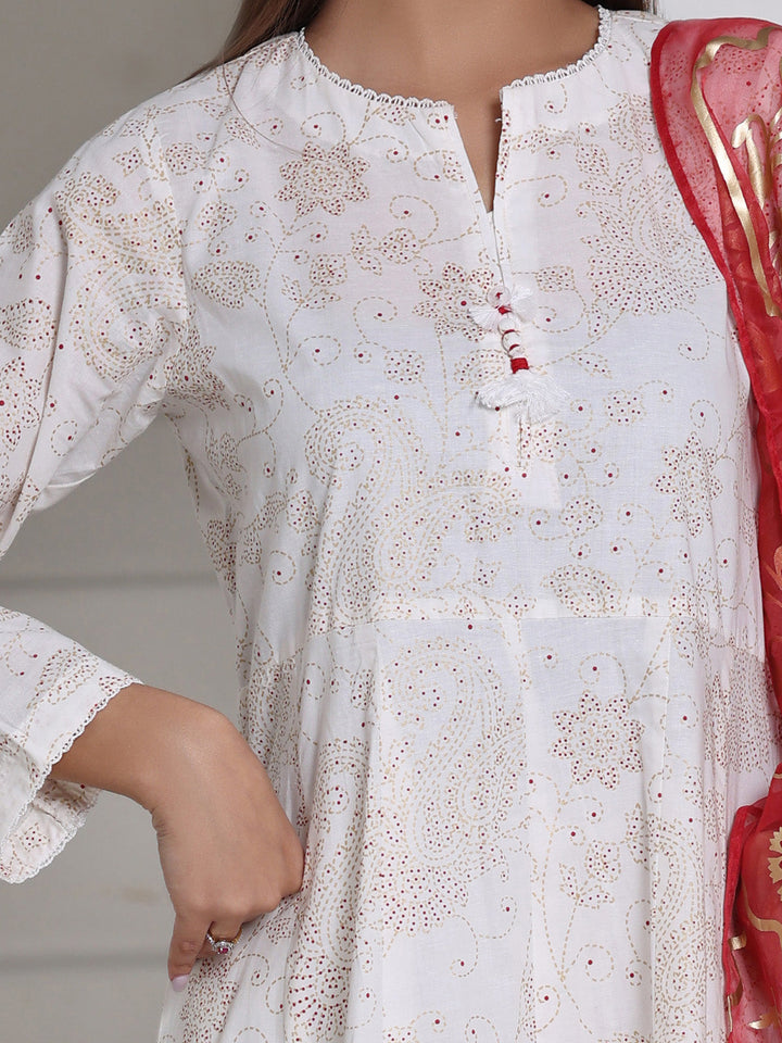 Oaks - Screen Print Cambric Suit For Women - White&Red - 3 Piece