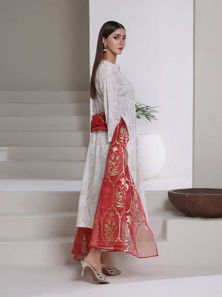Oaks - Screen Print Cambric Suit For Women - White&Red - 3 Piece