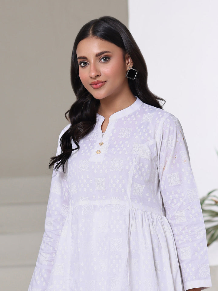 Oaks - Screen Print Cambric Kurti For Women - White - 1 Piece