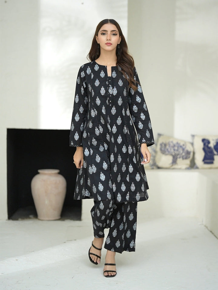 Oaks - Screen Print Cambric Suit For Women - Black - 2 Piece