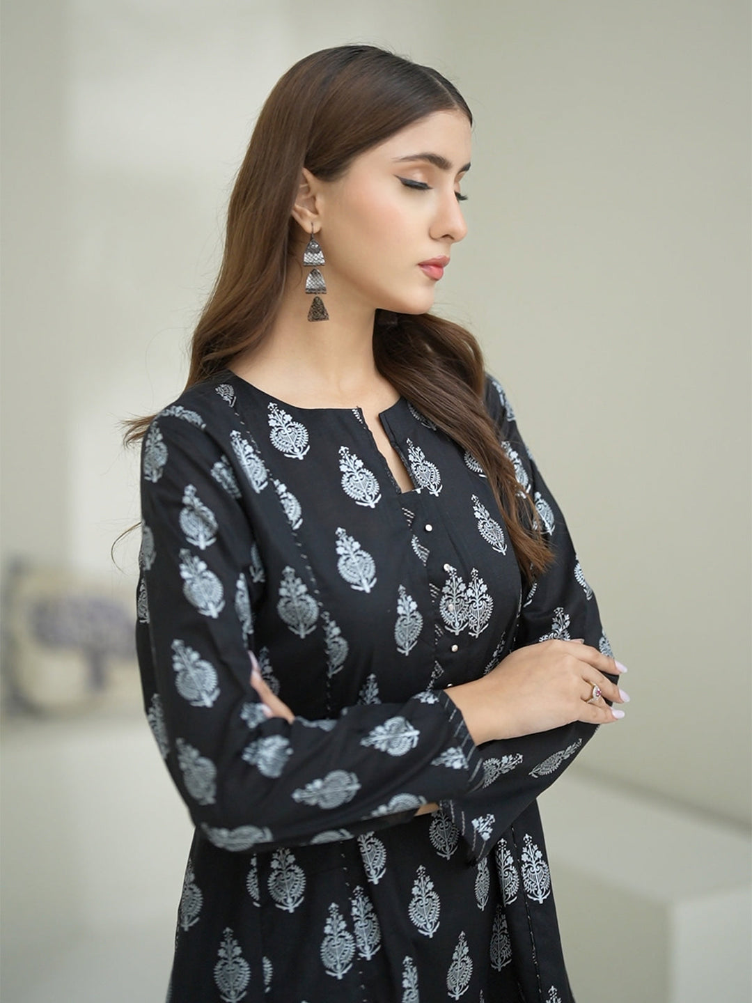 Oaks - Screen Print Cambric Suit For Women - Black - 2 Piece