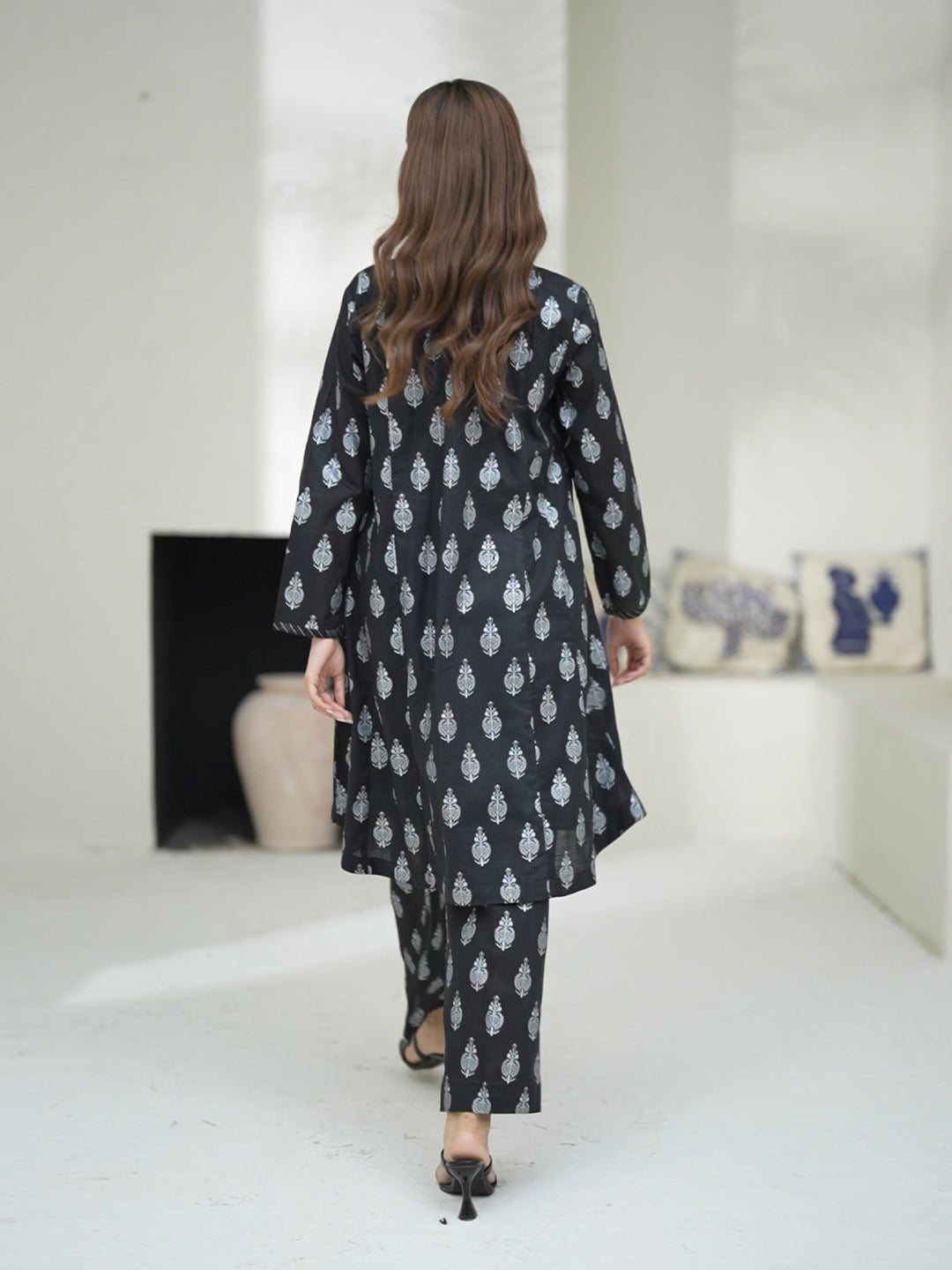 Oaks - Screen Print Cambric Suit For Women - Black - 2 Piece