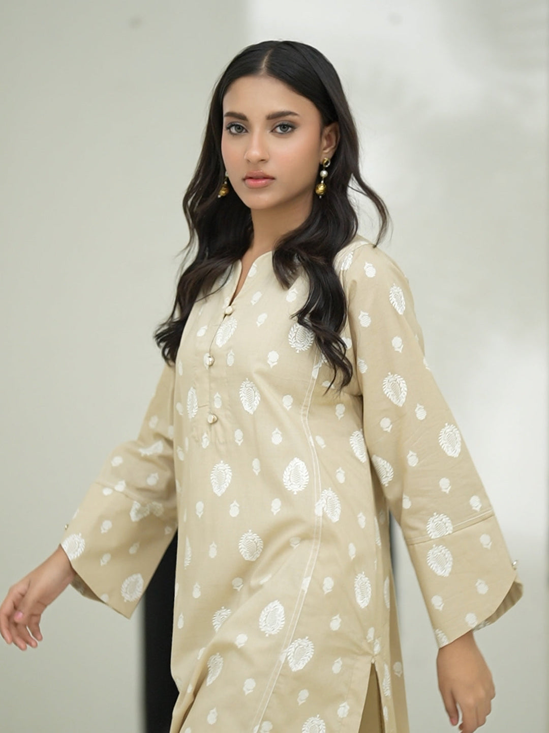 Oaks - Screen Print Cambric Suit For Women - Beige - 2 Piece