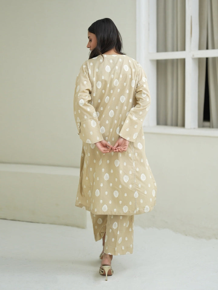Oaks - Screen Print Cambric Suit For Women - Beige - 2 Piece