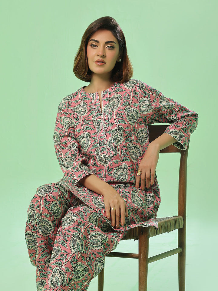 Oaks - Lawn Printed Unstitch Suit For Women - Pink & Green - 2 Piece
