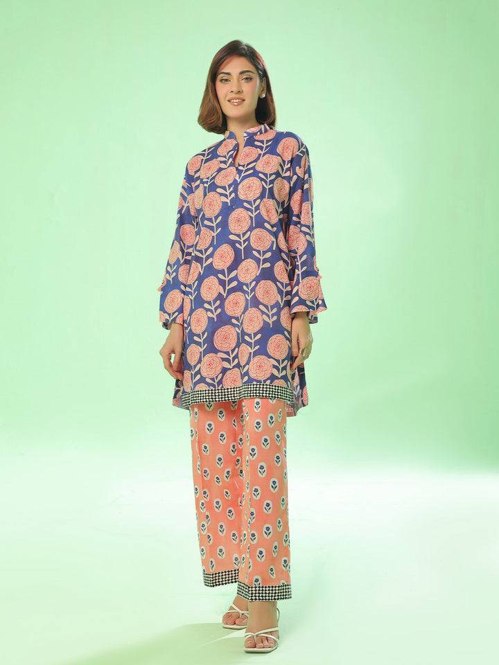 Oaks - Lawn Printed Unstitch Suit For Women - Blue & Peach - 2 Piece