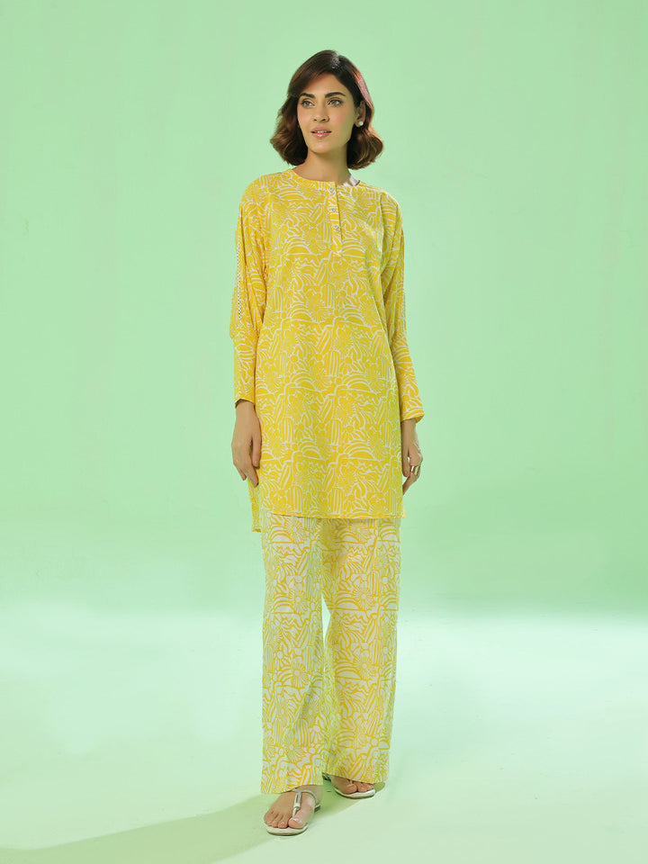 Oaks - Lawn Printed Unstitch Suit For Women - Yellow - 2 Piece