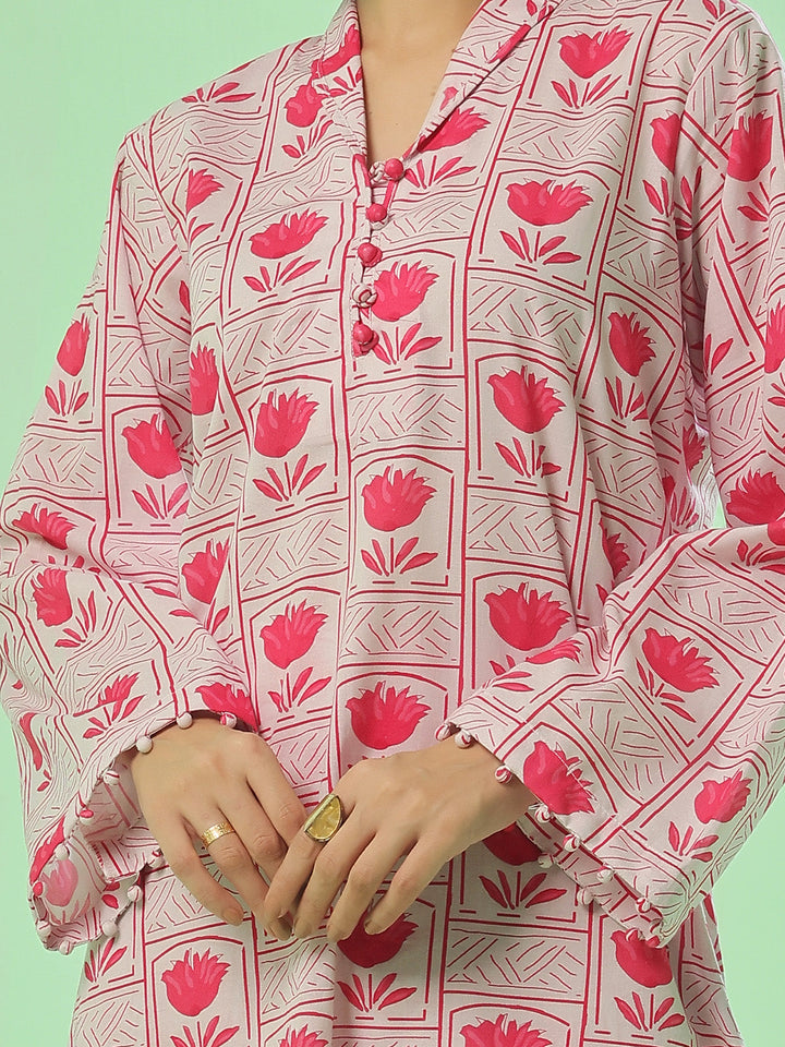 Oaks - Lawn Printed Unstitch Suit For Women - Pink - 2 Piece