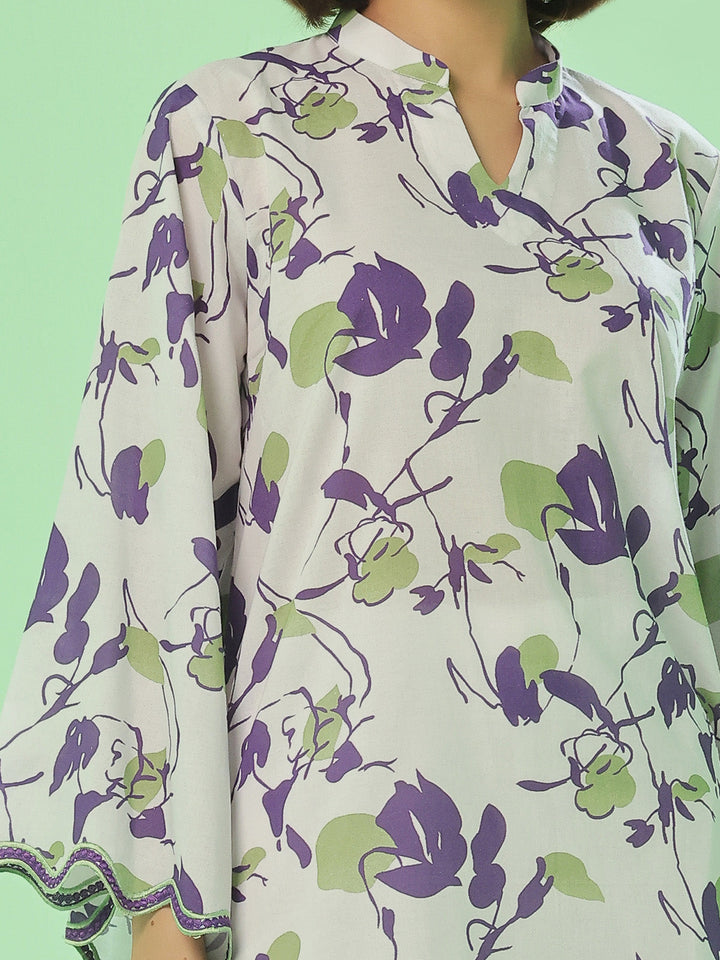 Oaks - Lawn Printed Unstitch Suit For Women - White & Blue - 2 Piece