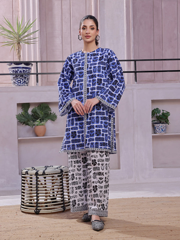 Oaks - Lawn Printed Unstitch Suit For Women - Blue & Black - 2 Piece