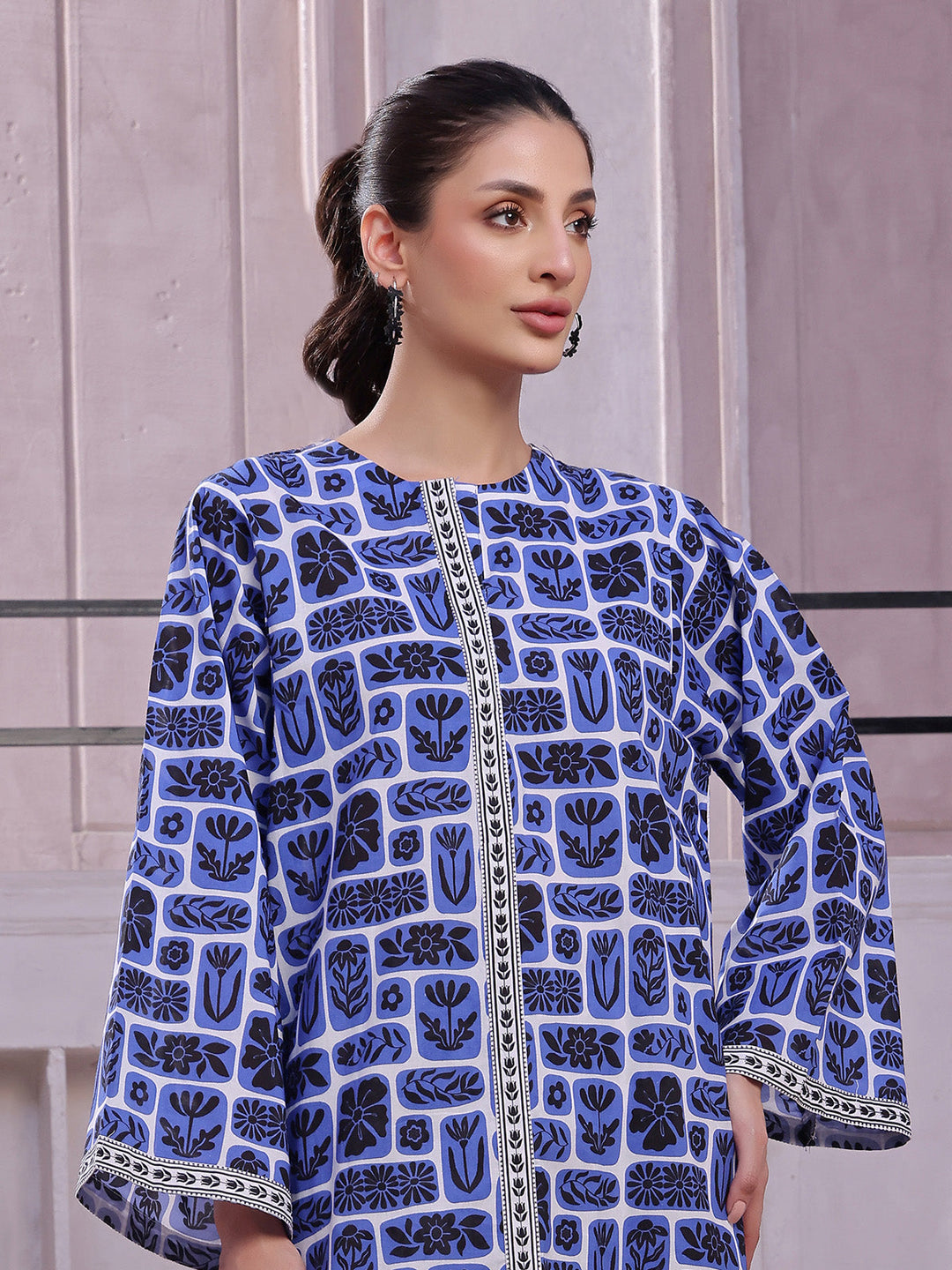 Oaks - Lawn Printed Unstitch Suit For Women - Blue & Black - 2 Piece