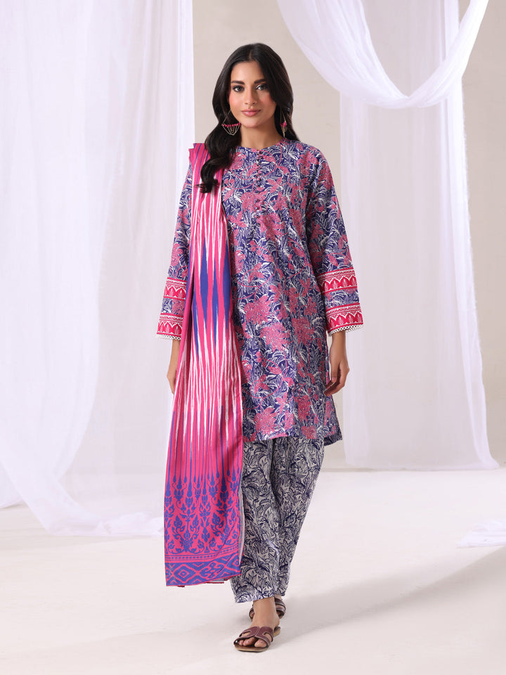 Oaks - Lawn Printed Unstitch Suit For Women - Navy Blue - 3 Piece