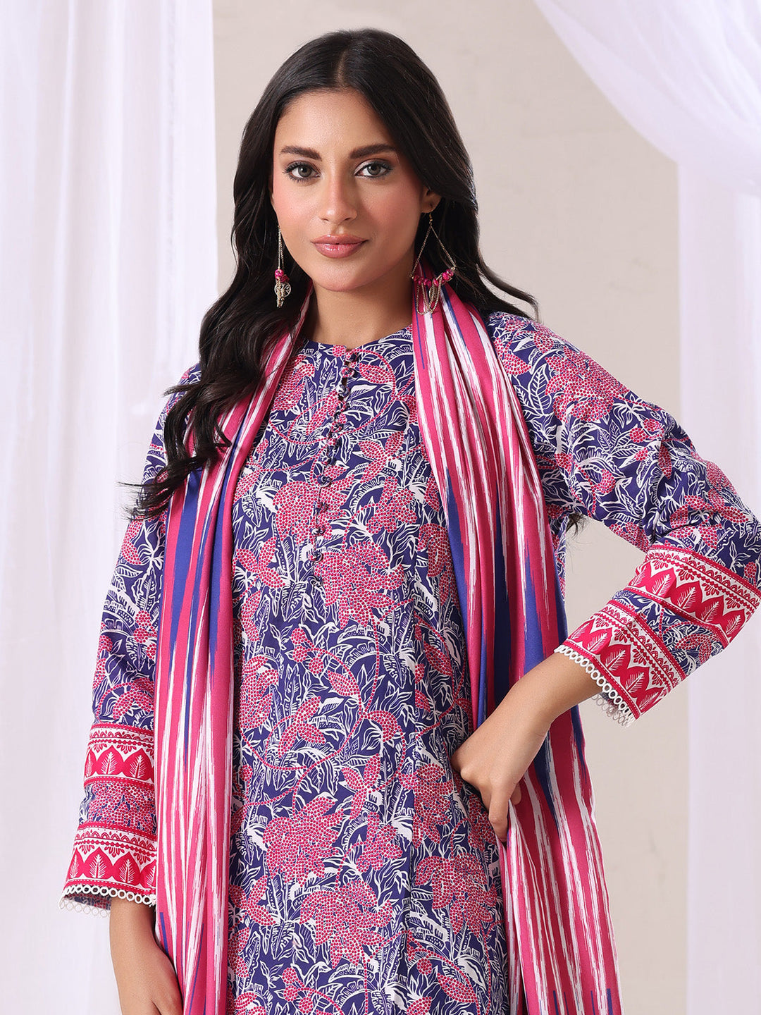 Oaks - Lawn Printed Unstitch Suit For Women - Navy Blue - 3 Piece