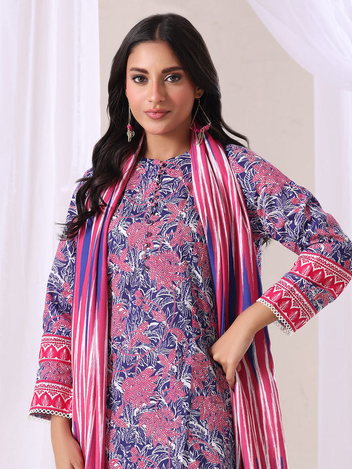 Oaks - Lawn Printed Unstitch Suit For Women - Navy Blue - 3 Piece