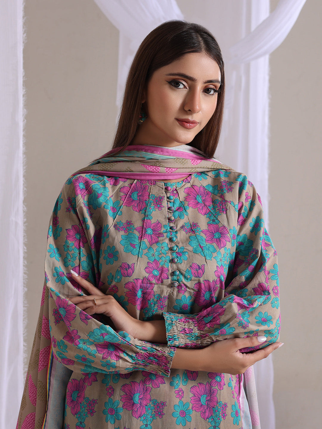 Oaks - Lawn Printed Unstitch Suit For Women - Grey & Green - 3 Piece