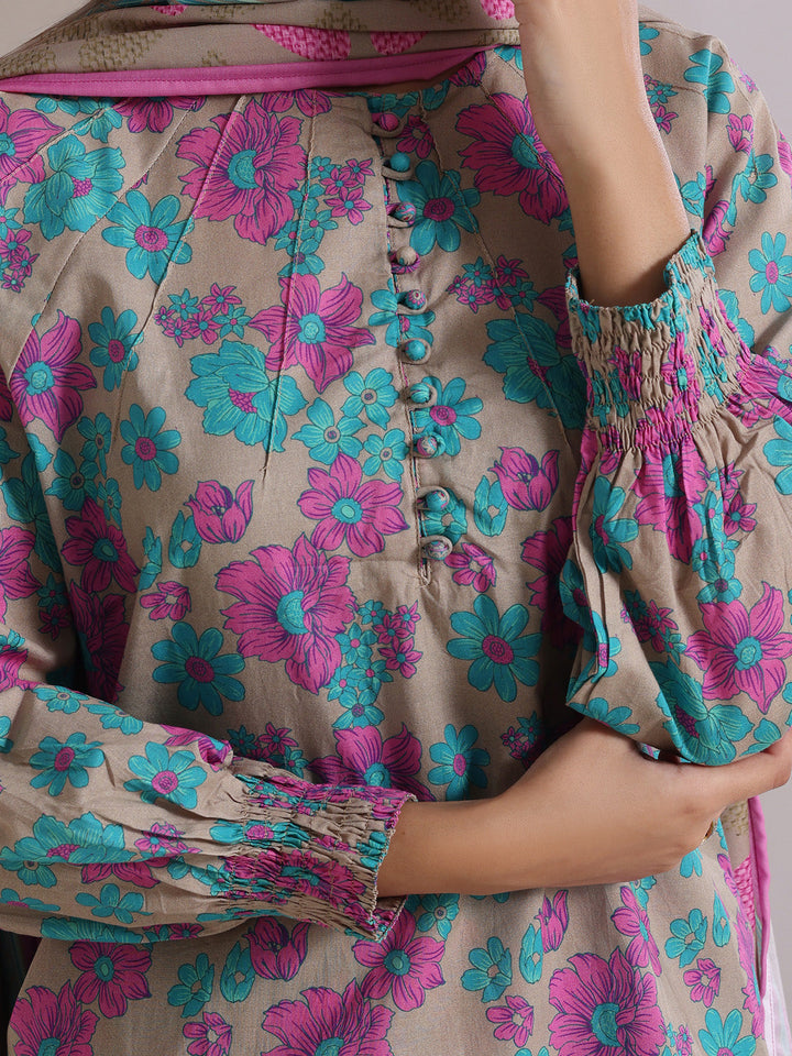 Oaks - Lawn Printed Unstitch Suit For Women - Grey & Green - 3 Piece