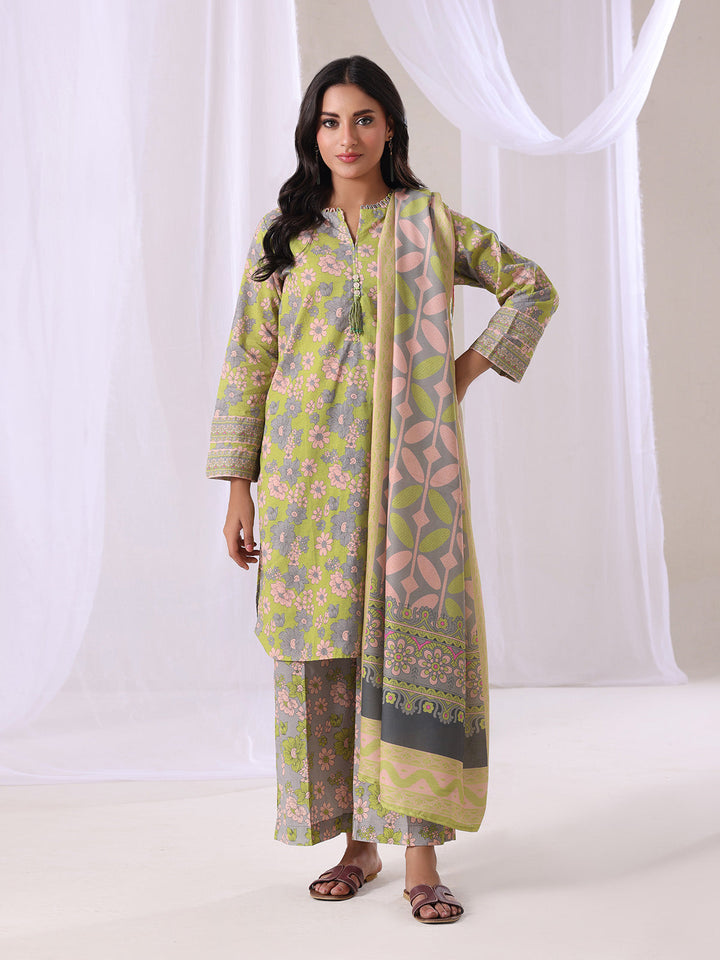 Oaks - Lawn Printed Unstitch Suit For Women - Beige - 3 Piece
